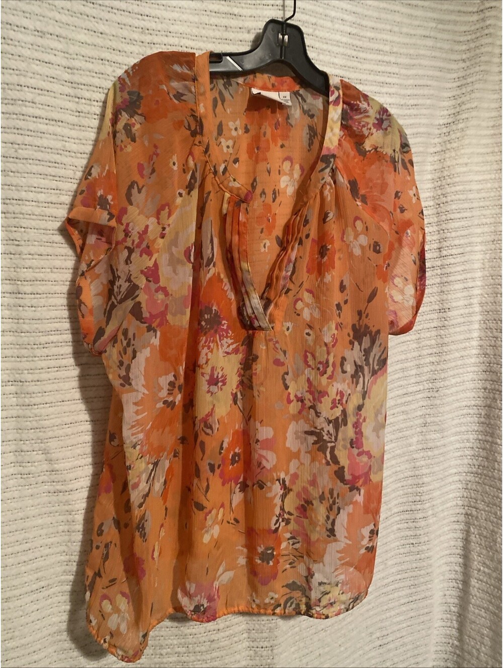 St John’s Orange & Yellow Floral Sheer V Neck Pullover Blouse Womens Plus Sz. 2X